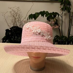 Elegant Pink Hat With White Beaded Sequined Floral Accent
